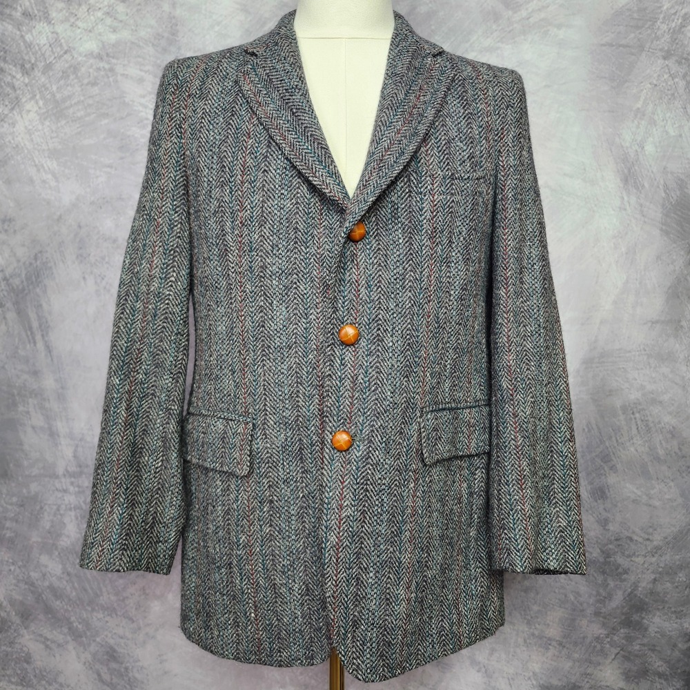 Vintage Harris Tweed 3 Button Blazer Herringbone 40R Grey Wool Leather Overcheck